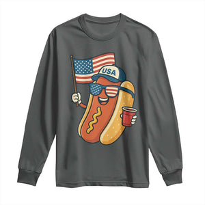 Cool Patriotic Hot Dog Long Sleeve Shirt Funny 4th of July Cookout 4th of July American Flag TS02 Dark Heather Print Your Wear