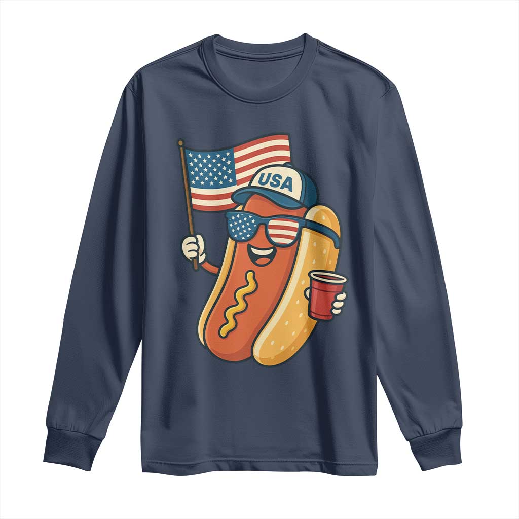 Cool Patriotic Hot Dog Long Sleeve Shirt Funny 4th of July Cookout 4th of July American Flag TS02 Navy Print Your Wear