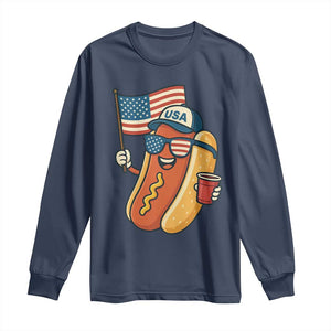 Cool Patriotic Hot Dog Long Sleeve Shirt Funny 4th of July Cookout 4th of July American Flag TS02 Navy Print Your Wear