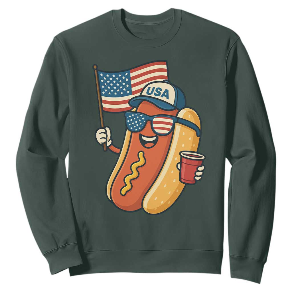 Cool Patriotic Hot Dog Sweatshirt Funny 4th of July Cookout 4th of July American Flag TS02 Dark Forest Green Print Your Wear