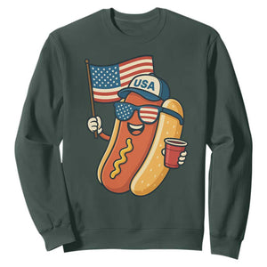 Cool Patriotic Hot Dog Sweatshirt Funny 4th of July Cookout 4th of July American Flag TS02 Dark Forest Green Print Your Wear