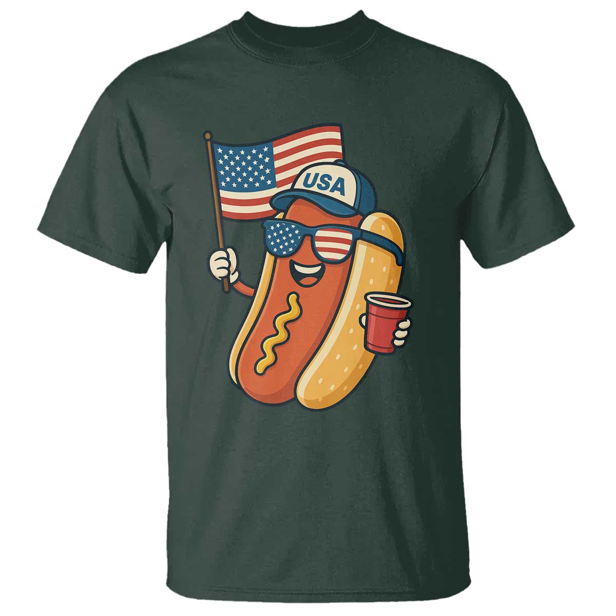 Cool Patriotic Hot Dog T Shirt Funny 4th of July Cookout 4th of July American Flag TS02 Dark Forest Green Print Your Wear