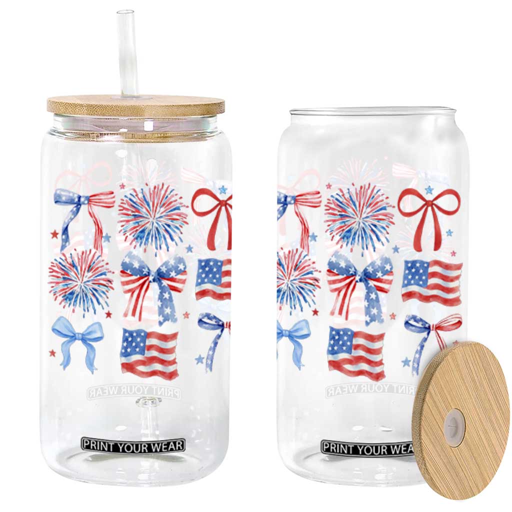 Coquette 4th Of July Glass Can Patriotic Bow American Flag TS10 White Print Your Wear