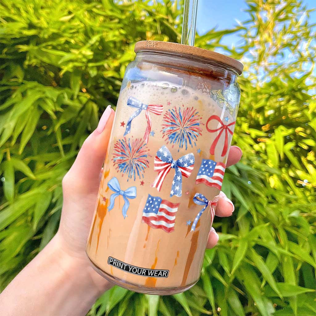 Coquette 4th Of July Glass Can Patriotic Bow American Flag TS10 Print Your Wear