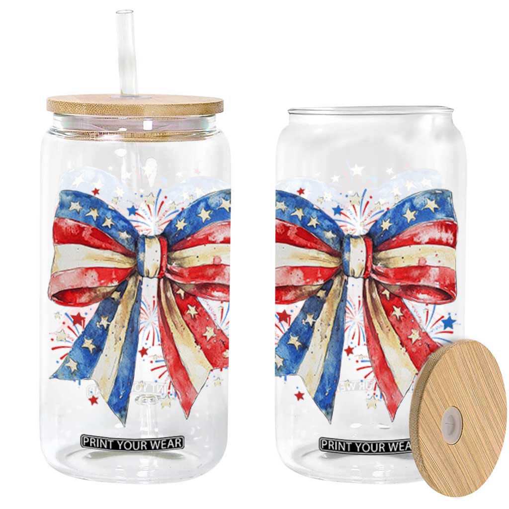 Coquette 4th Of July Glass Can USA Bow American Flag Red White and Blue TS10 White Print Your Wear