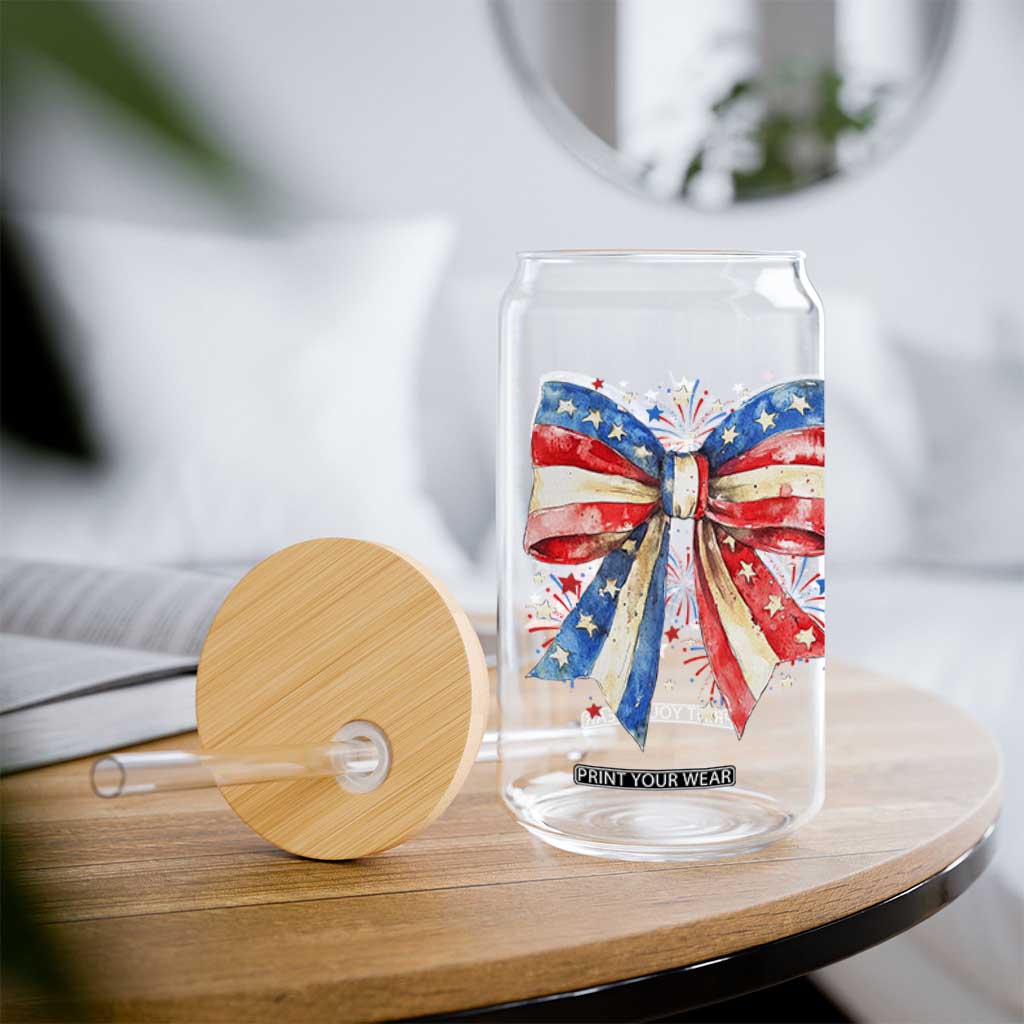 Coquette 4th Of July Glass Can USA Bow American Flag Red White and Blue TS10 Print Your Wear