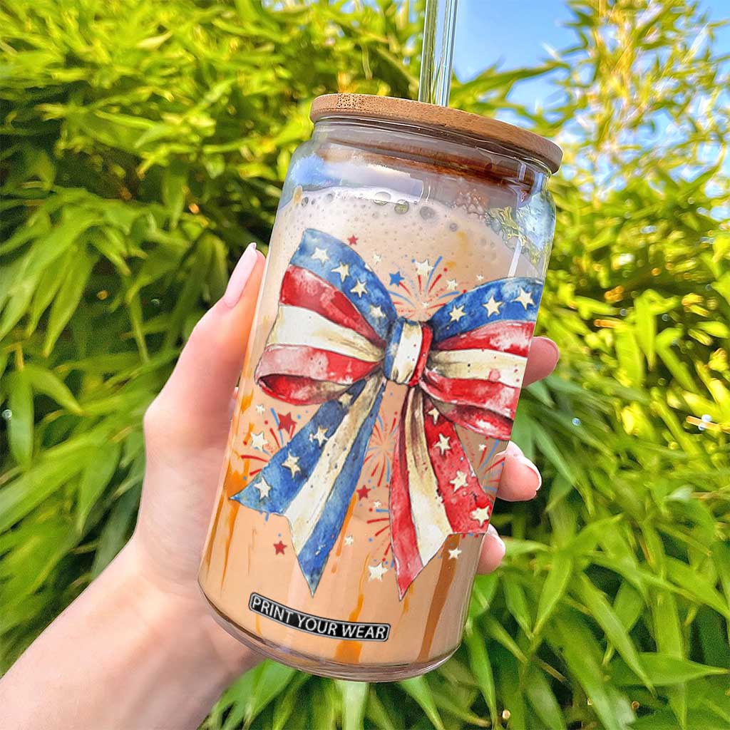 Coquette 4th Of July Glass Can USA Bow American Flag Red White and Blue TS10 Print Your Wear