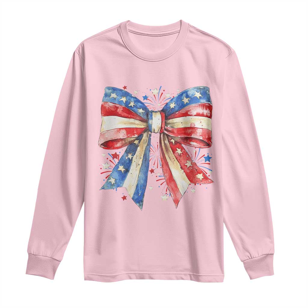 Coquette 4th Of July Long Sleeve Shirt USA Bow American Flag Red White and Blue TS10 Light Pink Print Your Wear