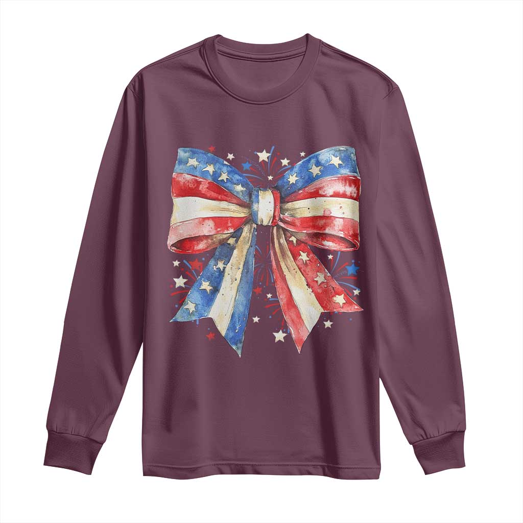 Coquette 4th Of July Long Sleeve Shirt USA Bow American Flag Red White and Blue TS10 Maroon Print Your Wear