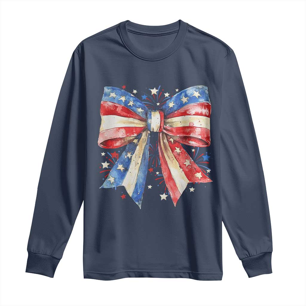 Coquette 4th Of July Long Sleeve Shirt USA Bow American Flag Red White and Blue TS10 Navy Print Your Wear