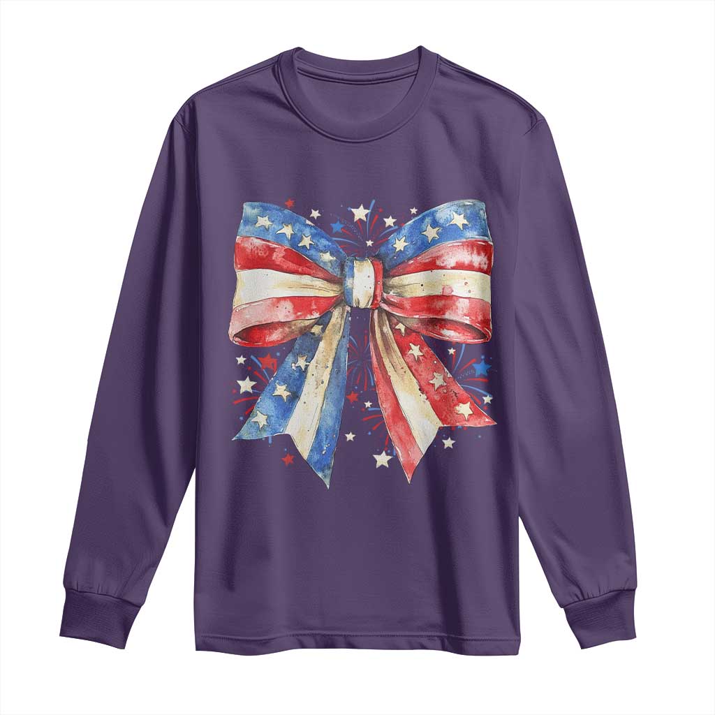 Coquette 4th Of July Long Sleeve Shirt USA Bow American Flag Red White and Blue TS10 Purple Print Your Wear