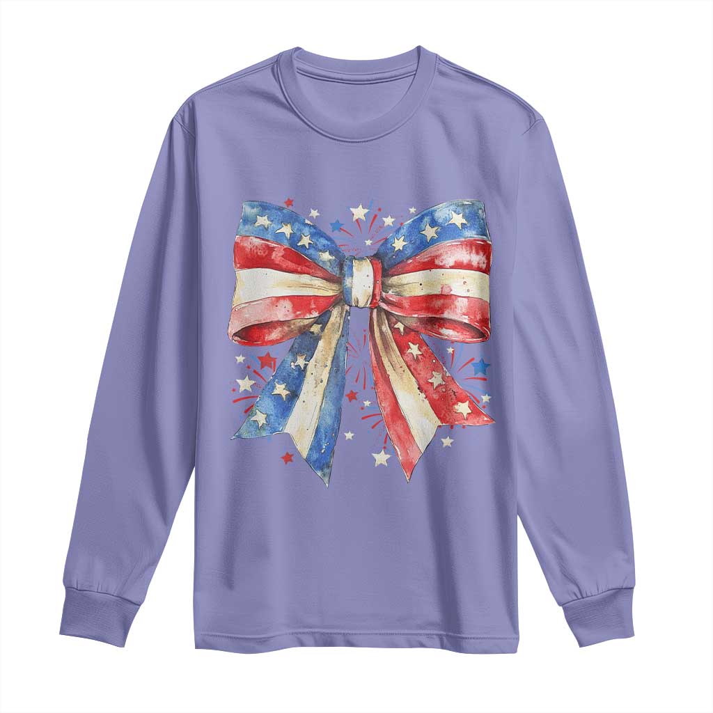 Coquette 4th Of July Long Sleeve Shirt USA Bow American Flag Red White and Blue TS10 Violet Print Your Wear