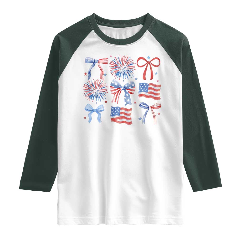 Coquette 4th Of July Raglan Shirt Patriotic Bow American Flag TS10 White Dark Forest Green Print Your Wear
