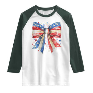 Coquette 4th Of July Raglan Shirt USA Bow American Flag Red White and Blue TS10 White Dark Forest Green Print Your Wear