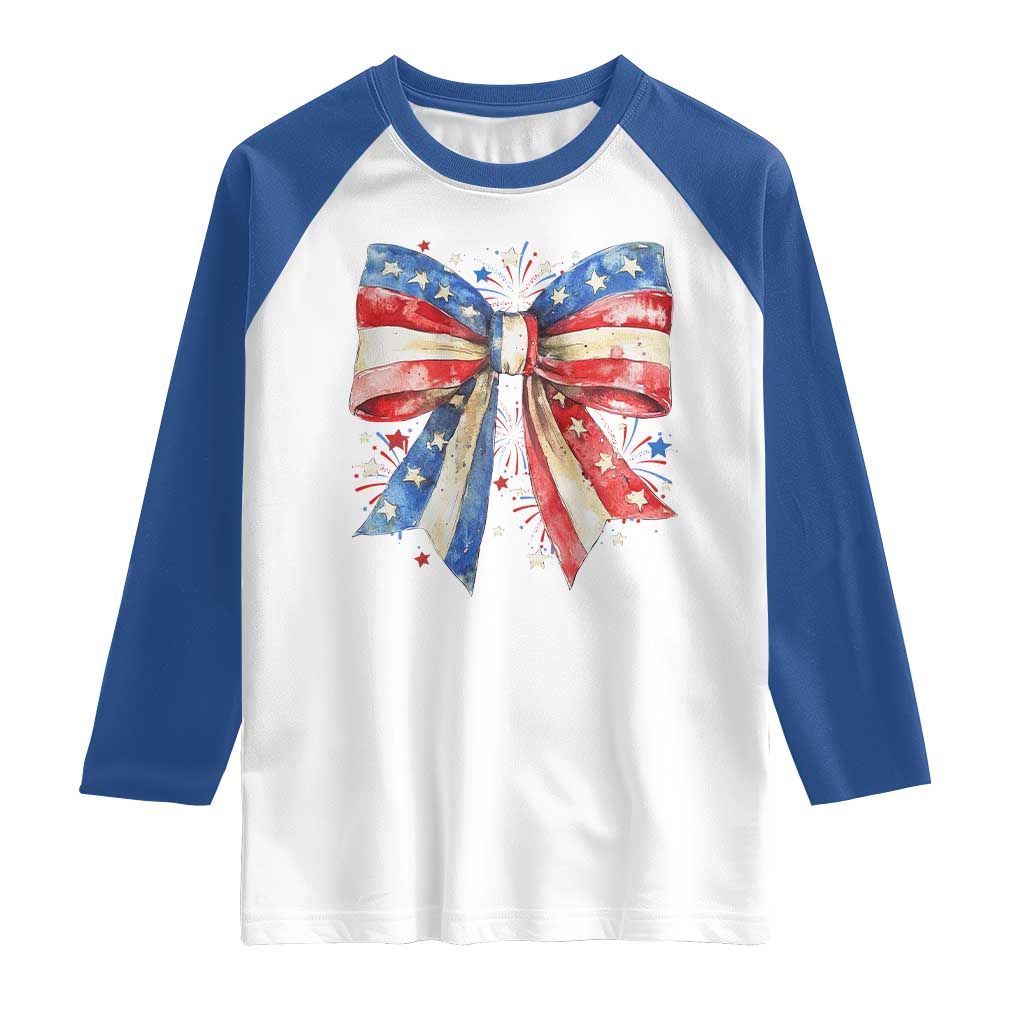 Coquette 4th Of July Raglan Shirt USA Bow American Flag Red White and Blue TS10 White Royal Print Your Wear