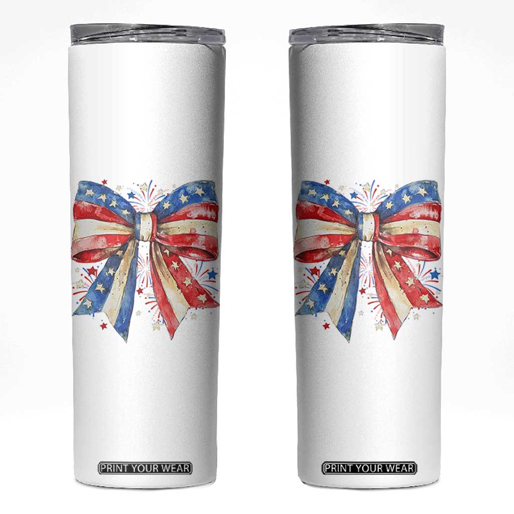 Coquette 4th Of July Skinny Tumbler USA Bow American Flag Red White and Blue TS10 White Print Your Wear