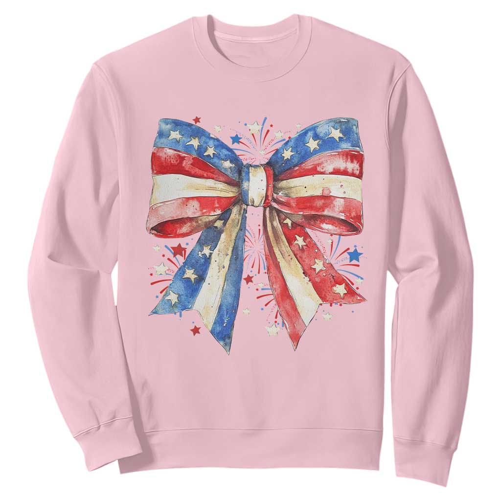 Coquette 4th Of July Sweatshirt USA Bow American Flag Red White and Blue TS10 Light Pink Print Your Wear