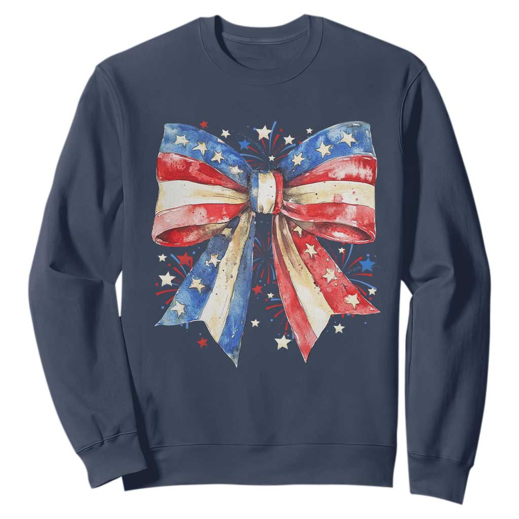 Coquette 4th Of July Sweatshirt USA Bow American Flag Red White and Blue TS10 Navy Print Your Wear