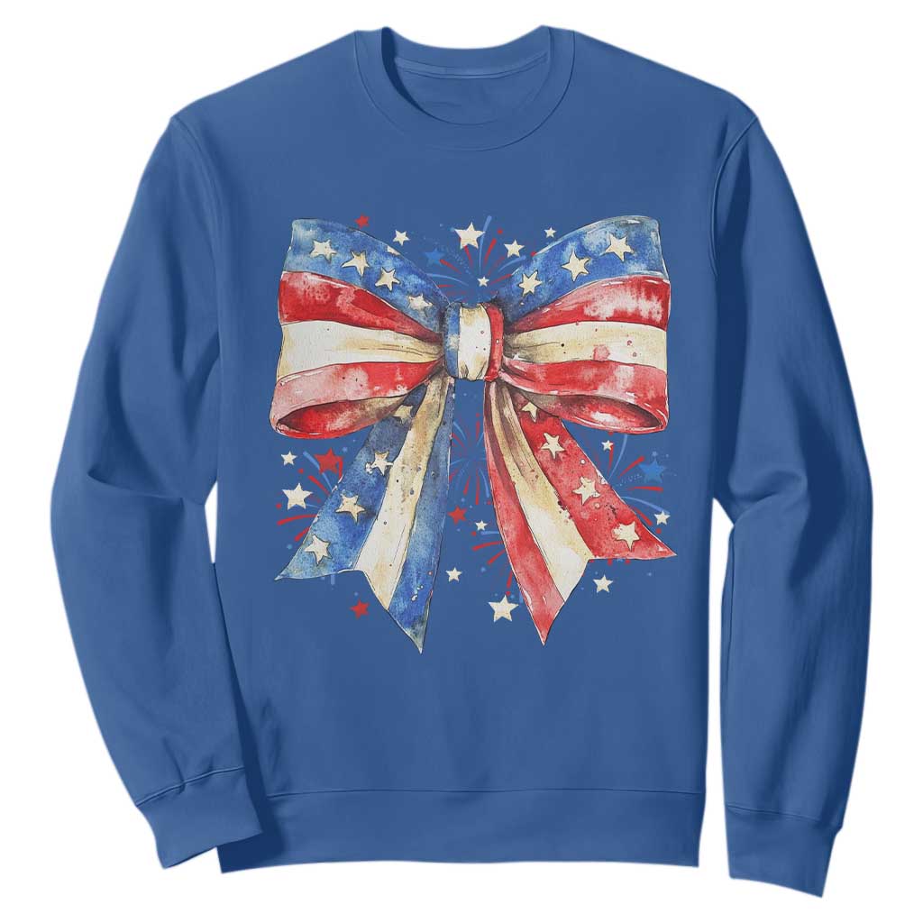 Coquette 4th Of July Sweatshirt USA Bow American Flag Red White and Blue TS10 Royal Blue Print Your Wear
