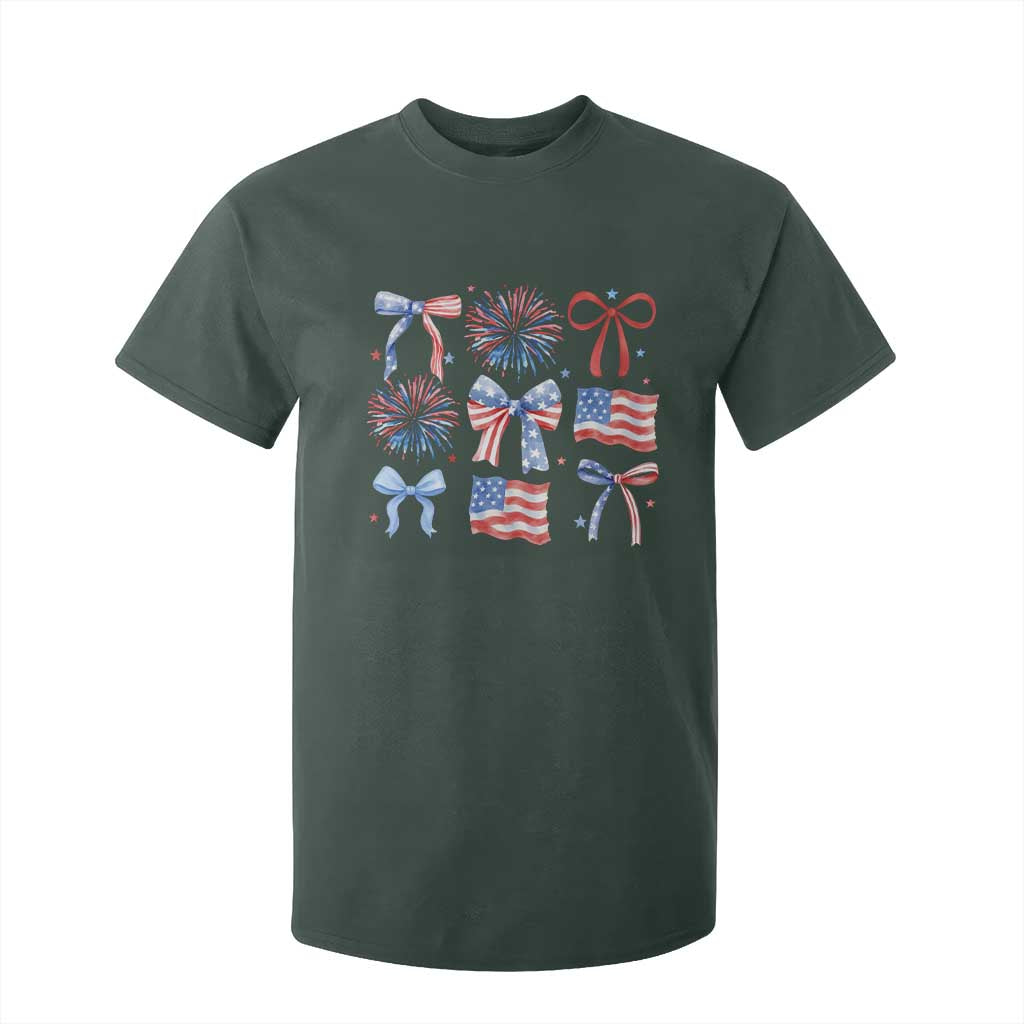Coquette 4th Of July T Shirt For Kid Patriotic Bow American Flag TS10 Dark Forest Green Print Your Wear