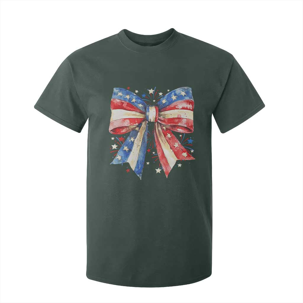 Coquette 4th Of July T Shirt For Kid USA Bow American Flag Red White and Blue TS10 Dark Forest Green Print Your Wear