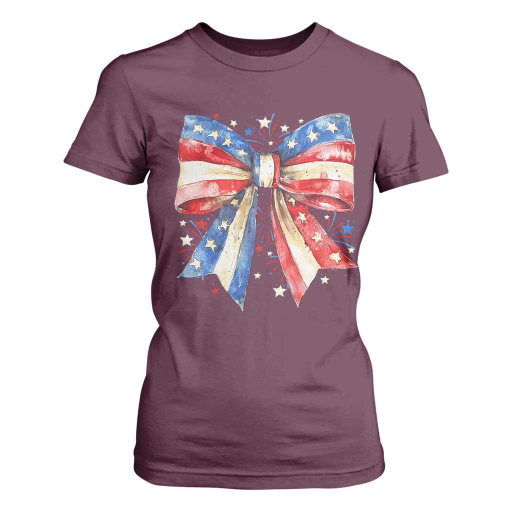 Coquette 4th Of July T Shirt For Women USA Bow American Flag Red White and Blue TS10 Maroon Print Your Wear