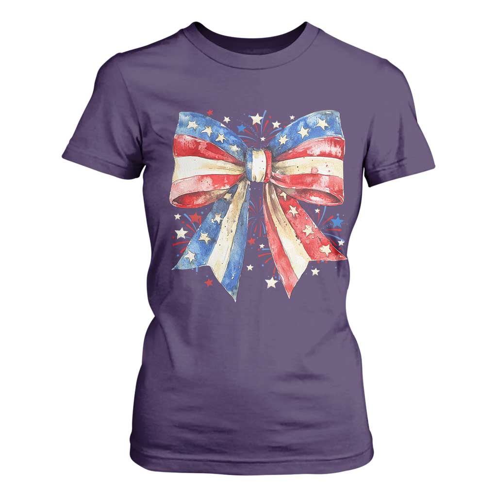 Coquette 4th Of July T Shirt For Women USA Bow American Flag Red White and Blue TS10 Purple Print Your Wear