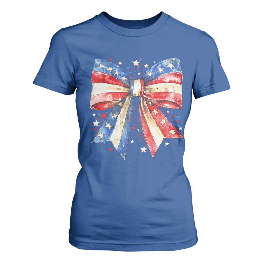 Coquette 4th Of July T Shirt For Women USA Bow American Flag Red White and Blue TS10 Royal Blue Print Your Wear