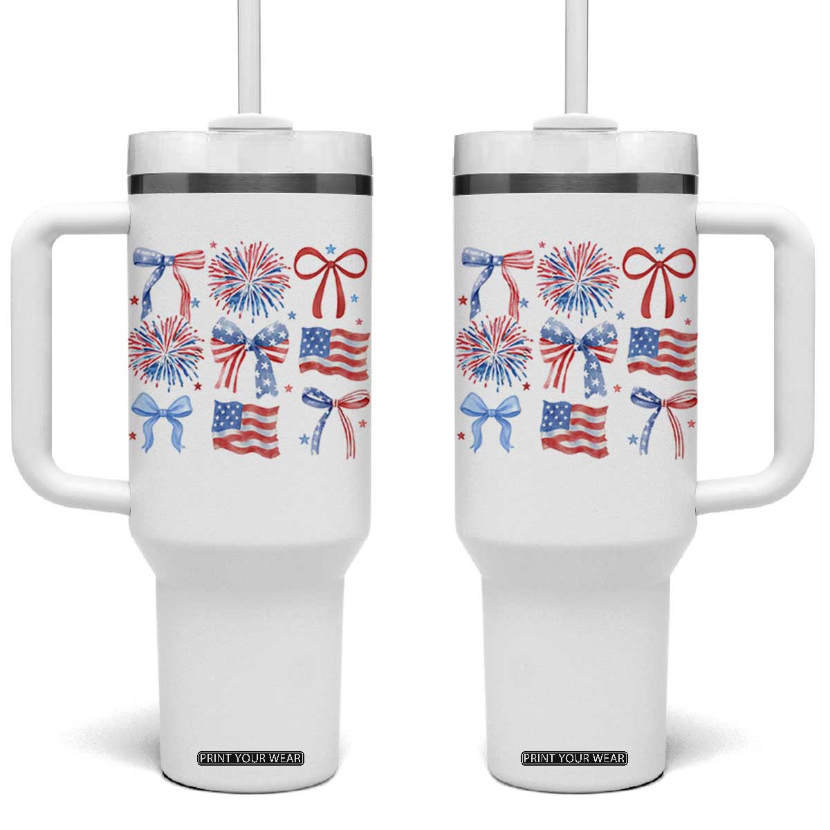 Coquette 4th Of July Tumbler With Handle Patriotic Bow American Flag TS10 One Size: 40 oz White Print Your Wear