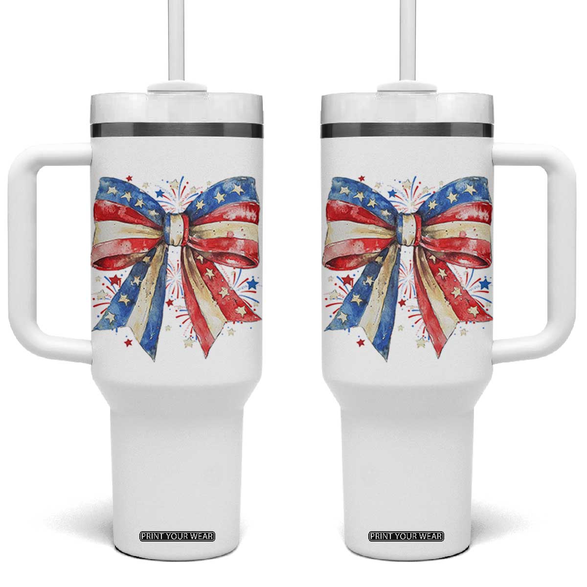 Coquette 4th Of July Tumbler With Handle USA Bow American Flag Red White and Blue TS10 One Size: 40 oz White Print Your Wear