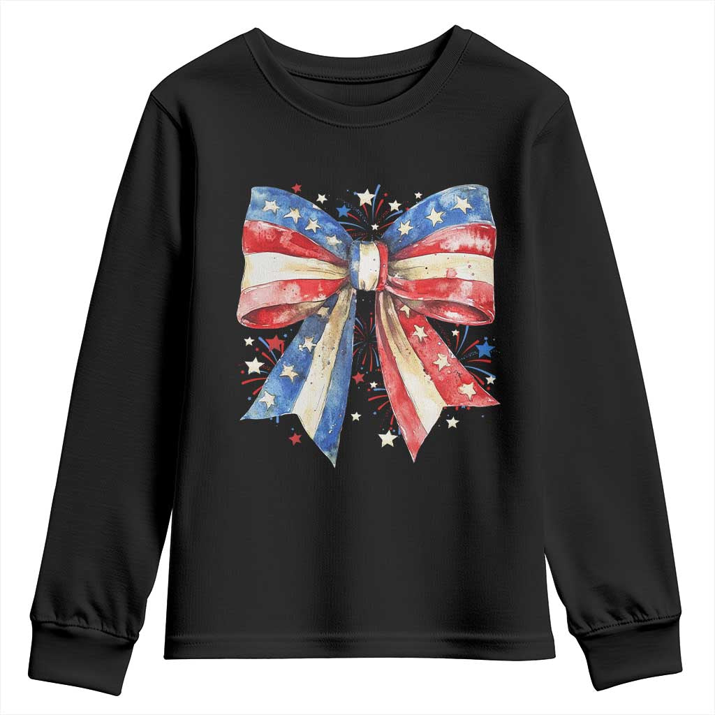 Coquette 4th Of July Youth Sweatshirt USA Bow American Flag Red White and Blue TS10 Black Print Your Wear