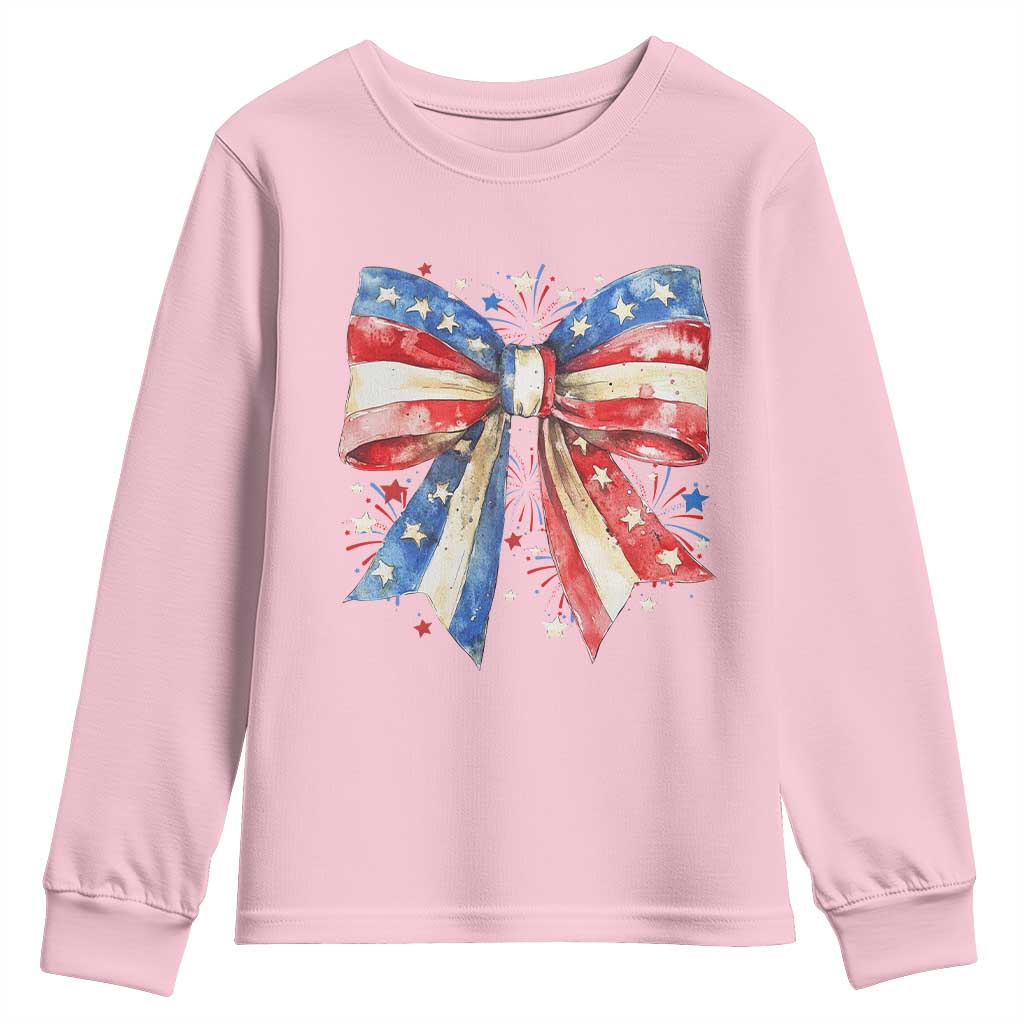 Coquette 4th Of July Youth Sweatshirt USA Bow American Flag Red White and Blue TS10 Light Pink Print Your Wear