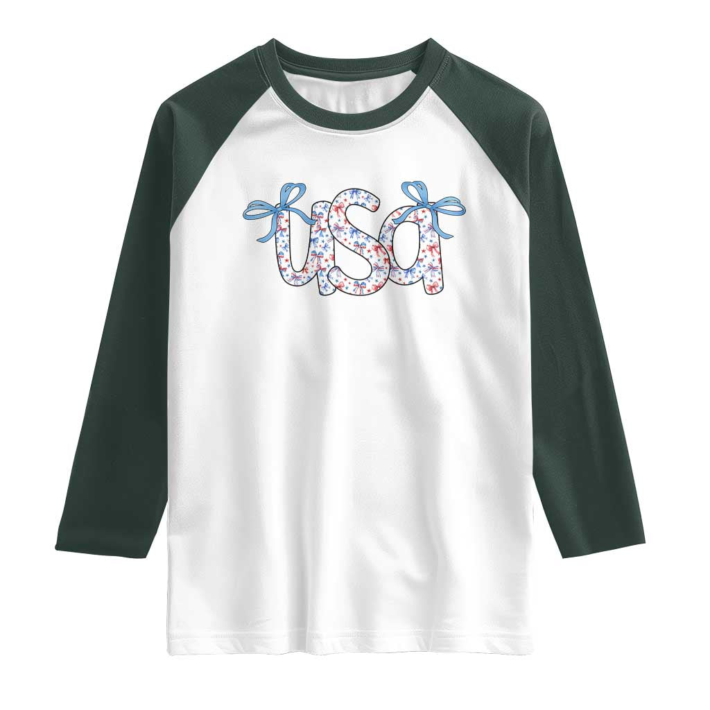 Coquette USA Raglan Shirt Patriotic American Girl 4th of July TS10 White Dark Forest Green Print Your Wear