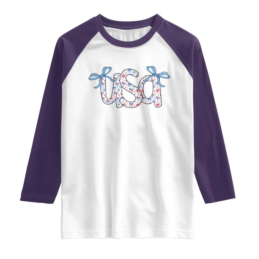 Coquette USA Raglan Shirt Patriotic American Girl 4th of July TS10 White Purple Print Your Wear