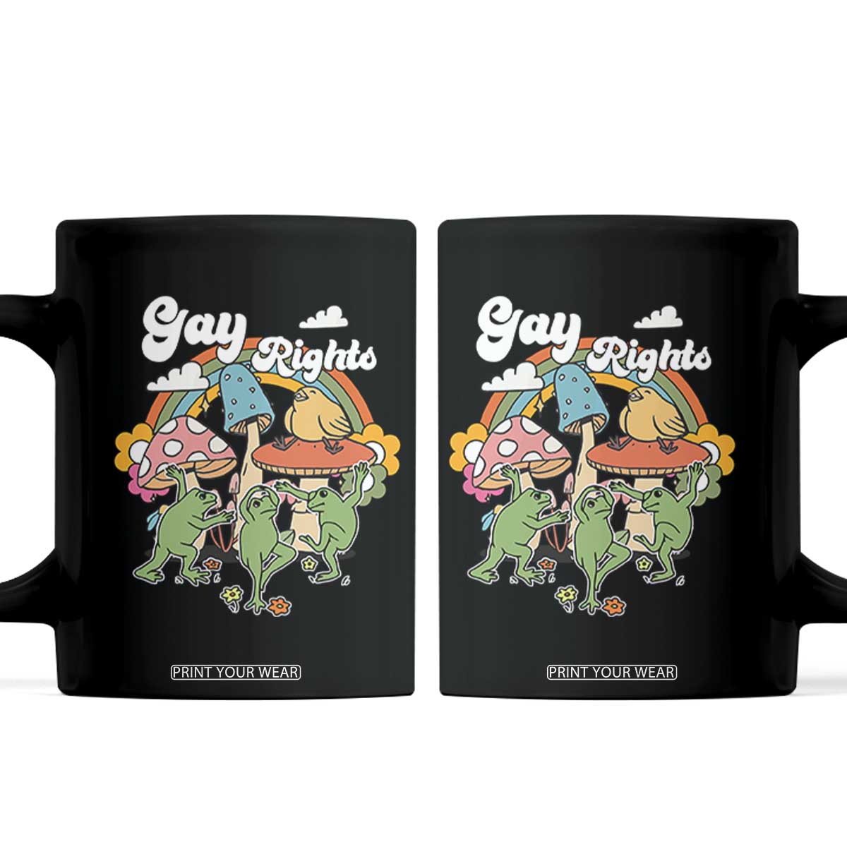 Cottagecore Dancing Frogs Coffee Mug Say Gay Rainbow LGBT Pride Month TS02 Black Print Your Wear