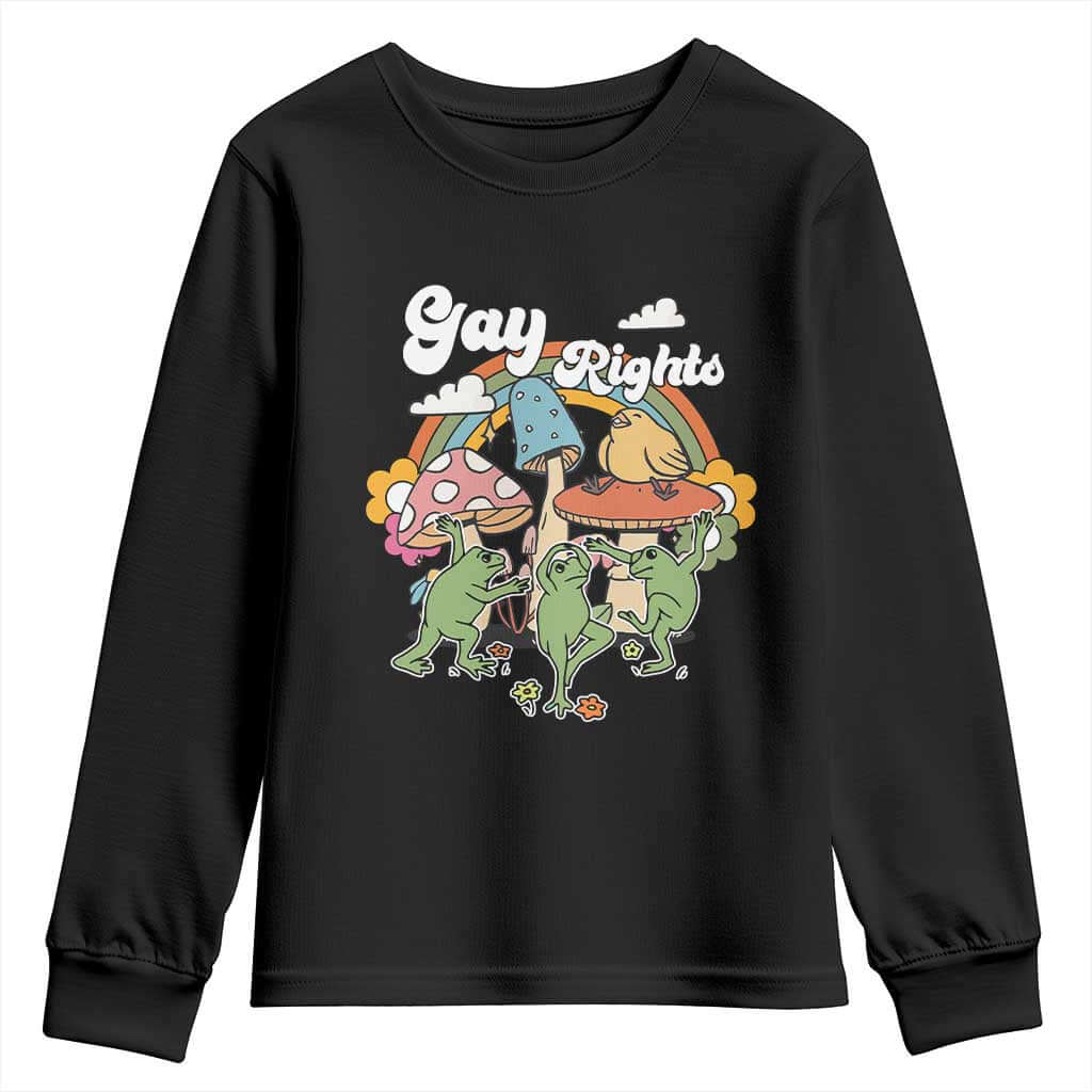 Cottagecore Dancing Frogs Youth Sweatshirt Say Gay Rainbow LGBT Pride Month TS02 Black Print Your Wear
