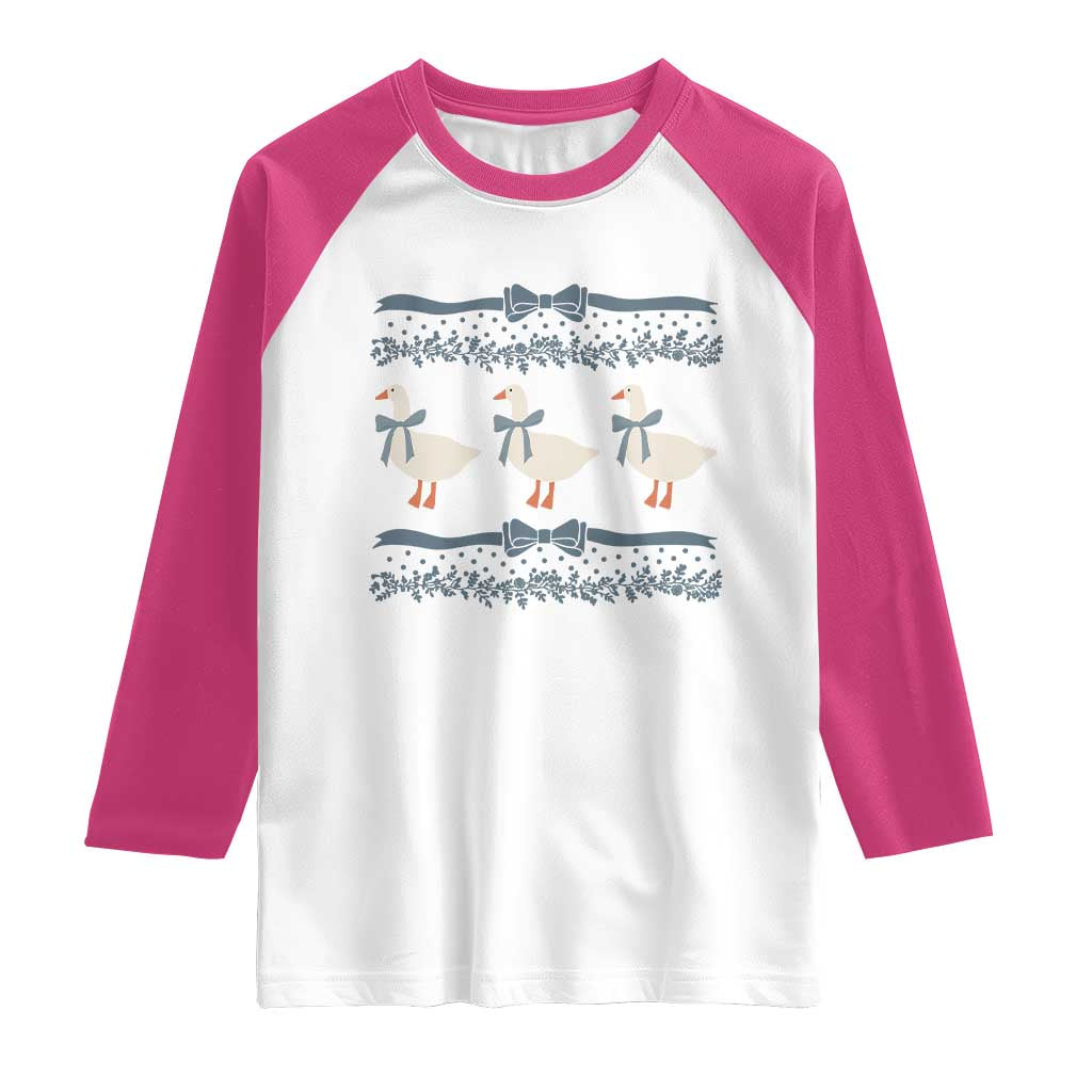 Country Goose 80s Raglan Shirt 1980s Geese Blue Bowed Mama Goose TS02 White Heliconia Print Your Wear