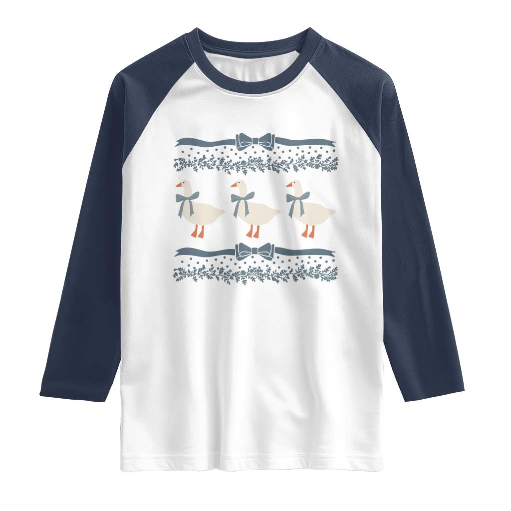 Country Goose 80s Raglan Shirt 1980s Geese Blue Bowed Mama Goose TS02 White Navy Print Your Wear