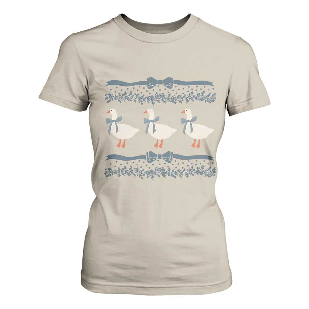 Country Goose 80s T Shirt For Women 1980s Geese Blue Bowed Mama Goose TS02 Sand Print Your Wear