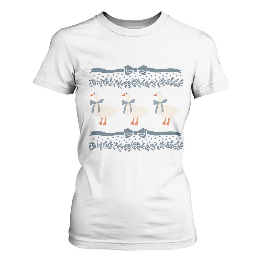 Country Goose 80s T Shirt For Women 1980s Geese Blue Bowed Mama Goose TS02 White Print Your Wear
