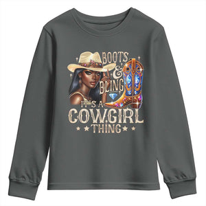 Cowgirl Youth Sweatshirt Boots & Bling Its A Cowgirl Thing Melanin Rodeo TS10 Dark Heather Print Your Wear