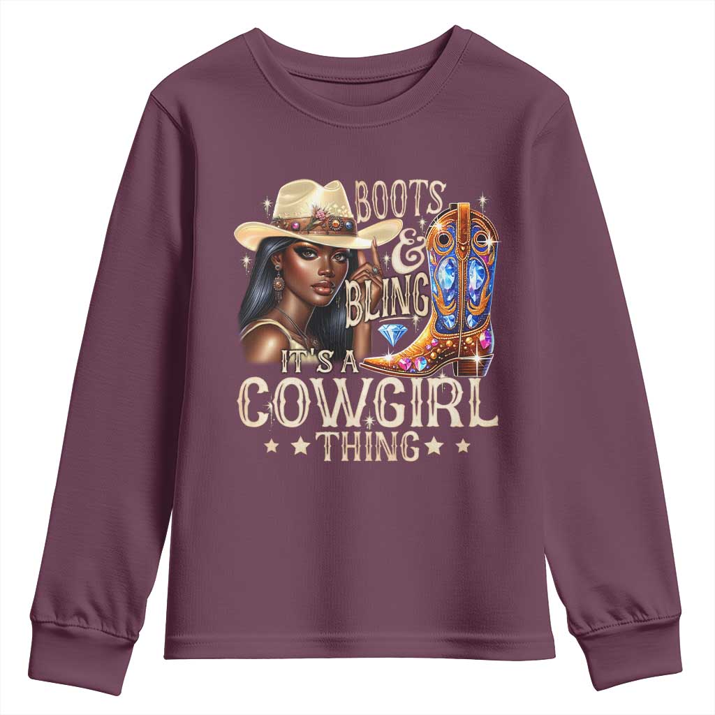 Cowgirl Youth Sweatshirt Boots & Bling Its A Cowgirl Thing Melanin Rodeo TS10 Maroon Print Your Wear