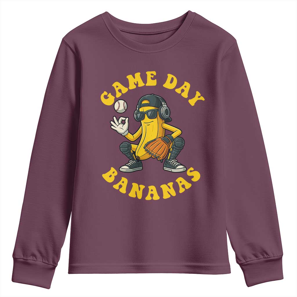 Cute Bananas Graphic Youth Sweatshirt Game Day Cool Catcher Baseball Lover TS02 Maroon Print Your Wear
