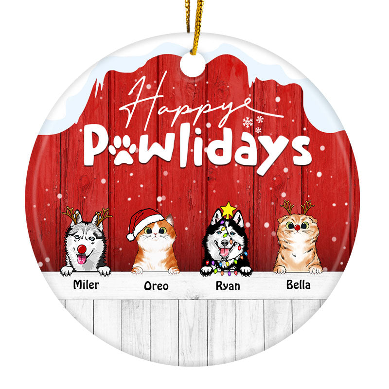 Personalized JP Christmas Ornaments Happy Pawlidays Gift For Dog Lovers and Cat Lovers Circle Ceramic CTM Ornament Custom - Printyourwear