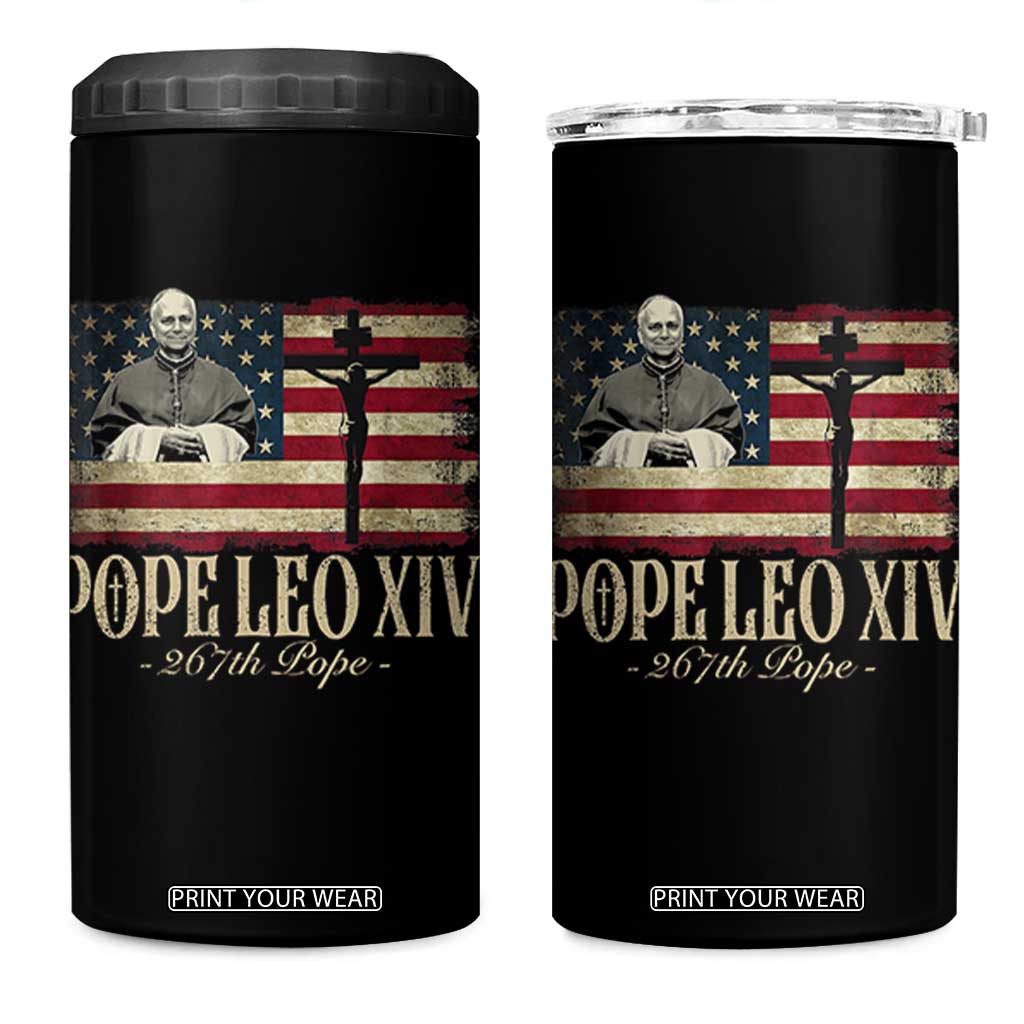 Da Pope Leo XIV 4 in 1 Can Cooler Tumbler From America Chicago USA Flag Cross TS10 One Size: 16 oz Black Print Your Wear