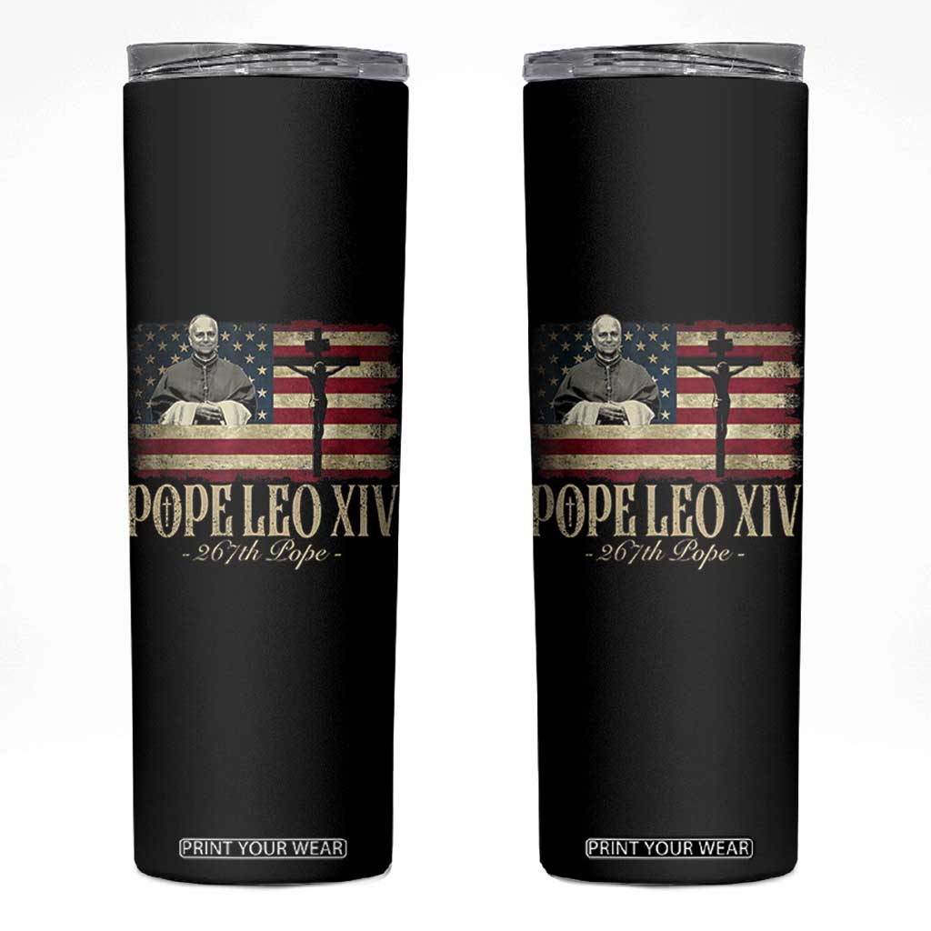 Da Pope Leo XIV Skinny Tumbler From America Chicago USA Flag Cross TS10 Black Print Your Wear