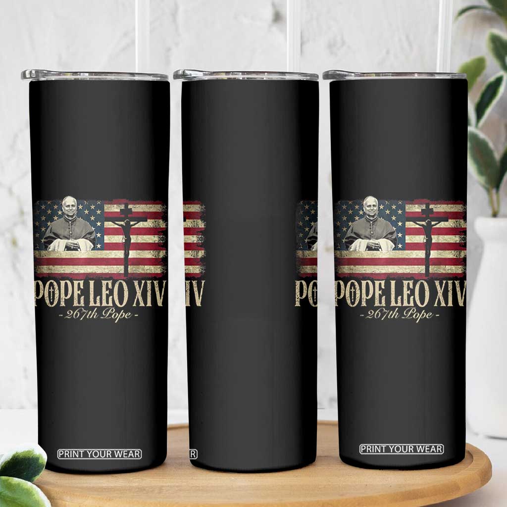 Da Pope Leo XIV Skinny Tumbler From America Chicago USA Flag Cross TS10 Print Your Wear