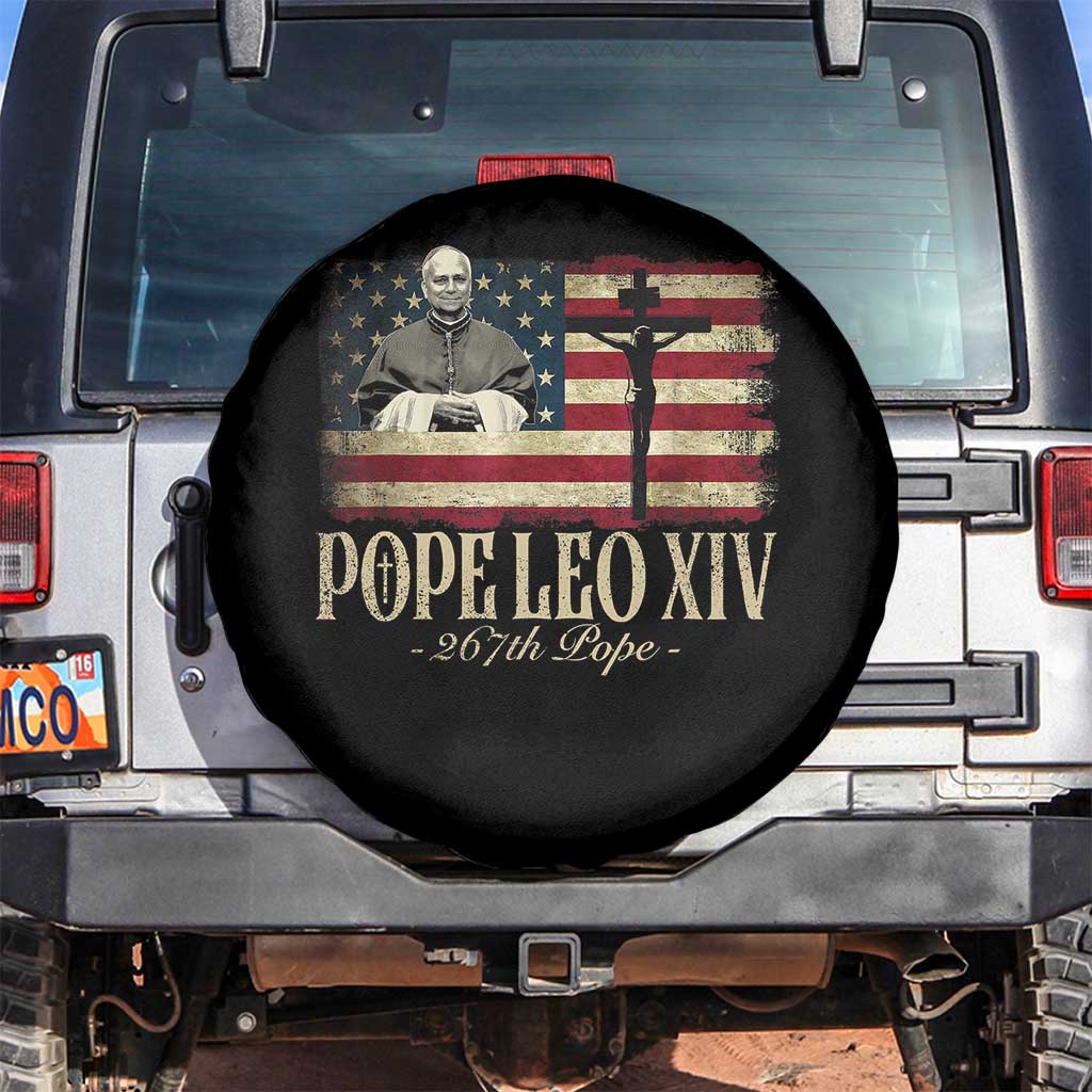 Da Pope Leo XIV Spare Tire Cover From America Chicago USA Flag Cross TS10 No hole Black Print Your Wear