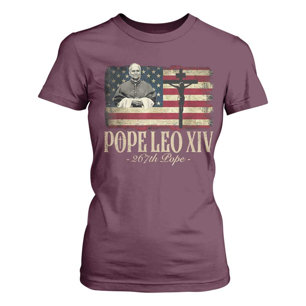 Da Pope Leo XIV T Shirt For Women From America Chicago USA Flag Cross TS10 Maroon Print Your Wear