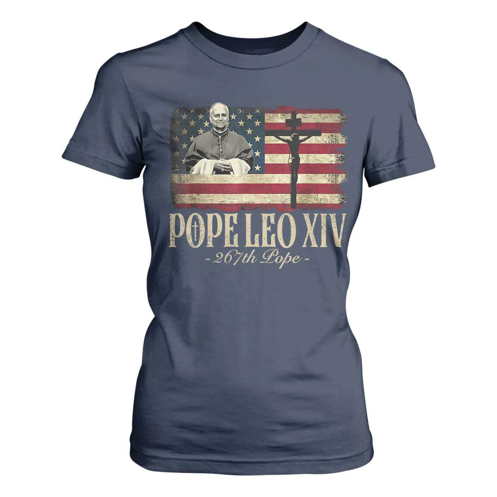 Da Pope Leo XIV T Shirt For Women From America Chicago USA Flag Cross TS10 Navy Print Your Wear